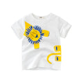 Boys short sleeve cotton T-shirt with cartoon animal print in aqua blue, pale yellow or white, sizes 90-140cm
