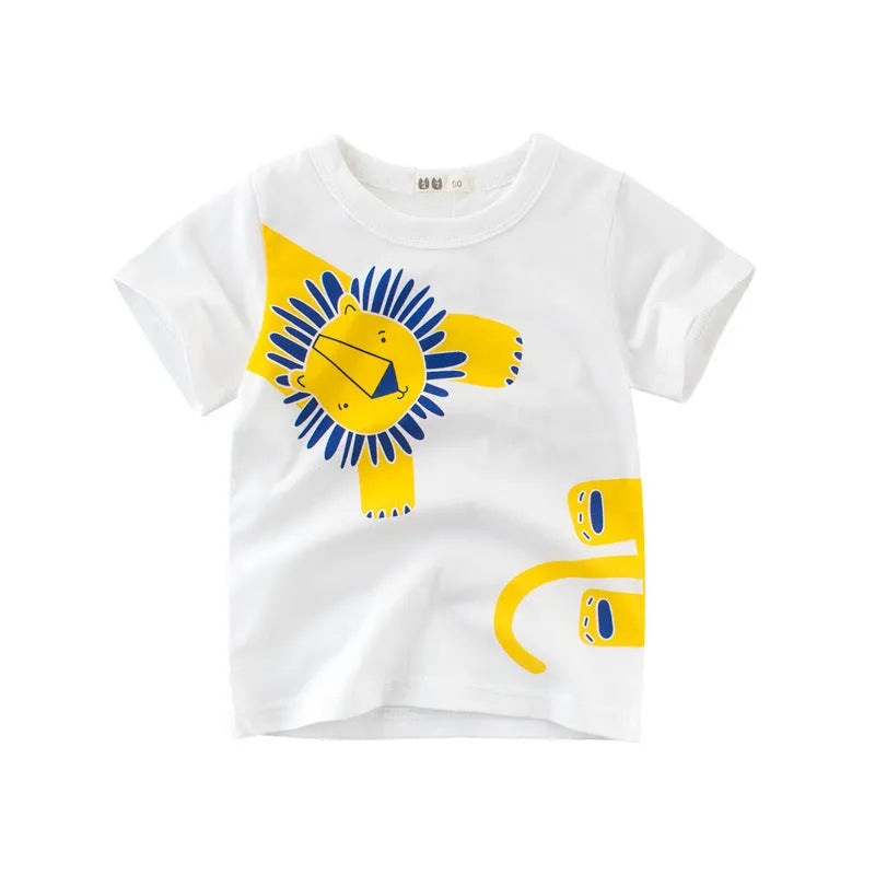 Boys short sleeve cotton T-shirt with cartoon animal print in aqua blue, pale yellow or white, sizes 90-140cm