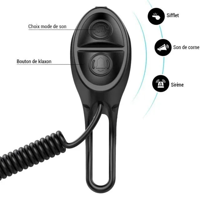 TWOOC T-002 black bicycle electronic horn with wired switch mounted on handlebar, USB rechargeable, 110-120db splash proof
