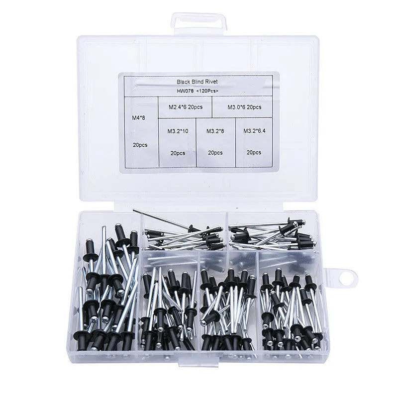 Black metal electric drill rivet gun attachment measuring 173mm with hardened three-jaw chuck and included handle, wrench, and rivet heads