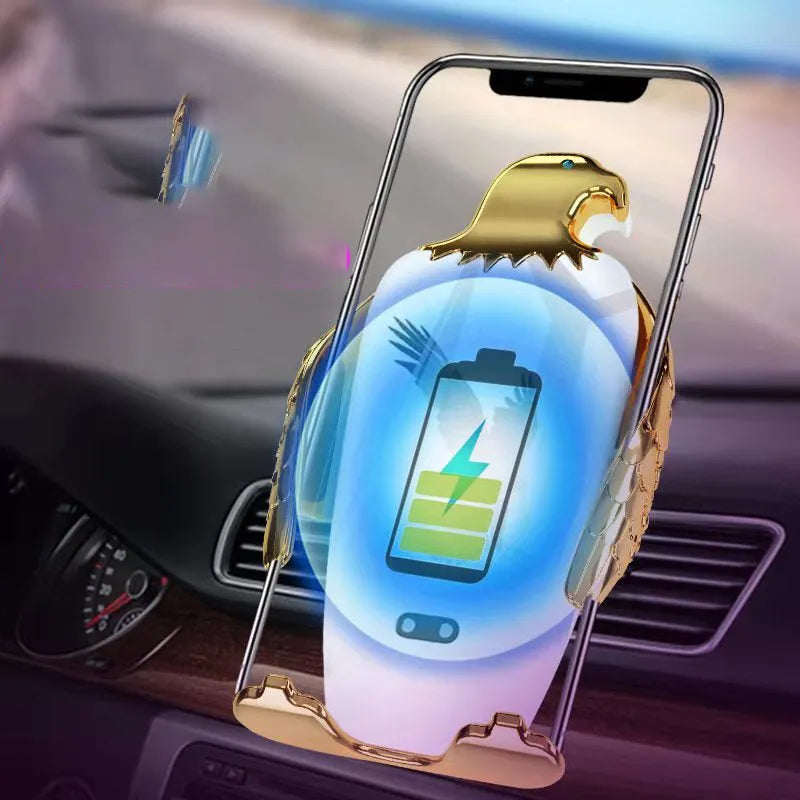 Eagle style wireless charging car phone holder with snap-on suction cup in black and gold.