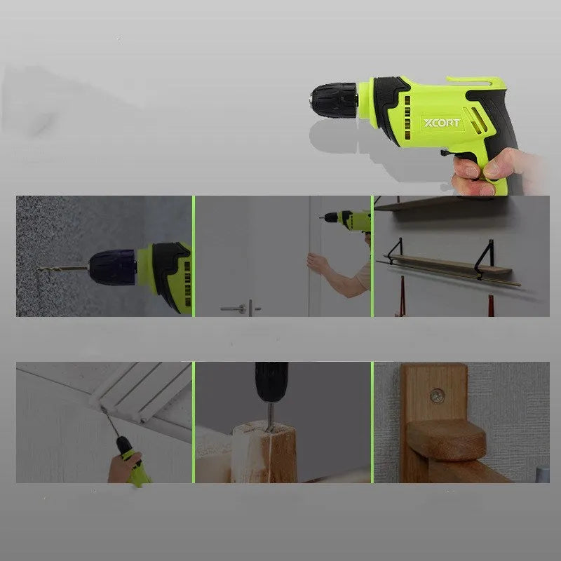Pistol-grip 450W AC electric drill with a 10mm chuck on a workbench.