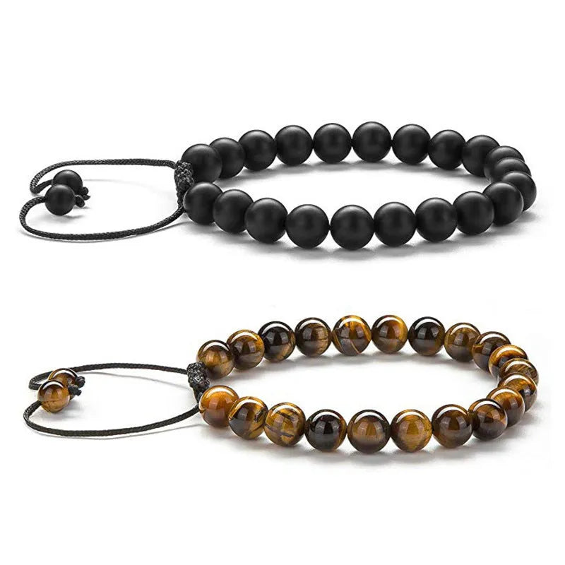 Matte black agate couple bracelets with geometric beads in individually packaged presentation