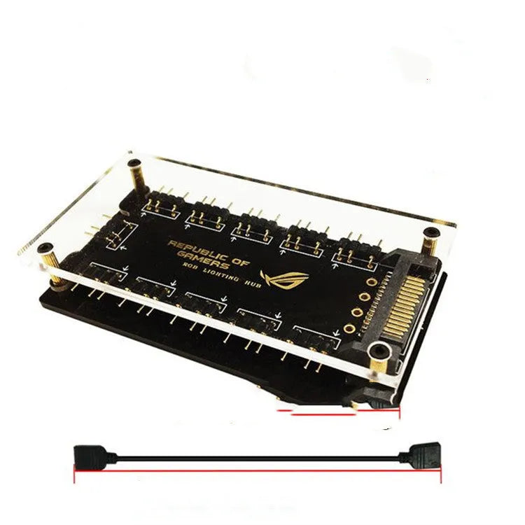 AURA RGB One Point Ten 5V hub black with SATA power cable and 10 ports for PC RGB lighting expansion