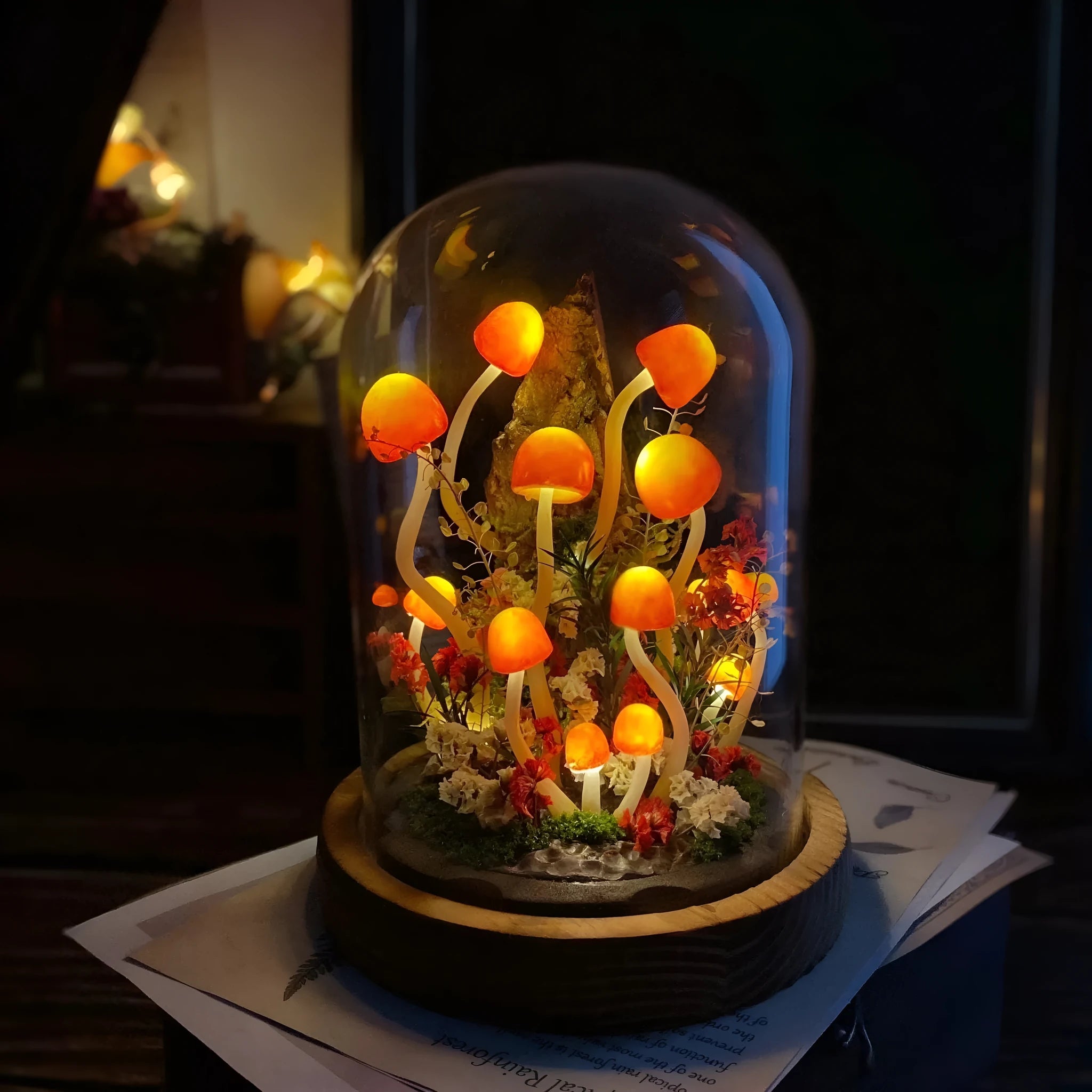 Handmade mushroom creative small night lamp glass cylinder fresh flowers multicolor built-in battery