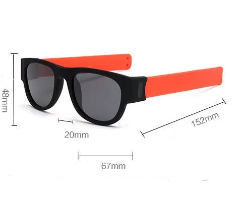 Folding bracelet sunglasses with polarized UV400 resin lens on wrist, black colour