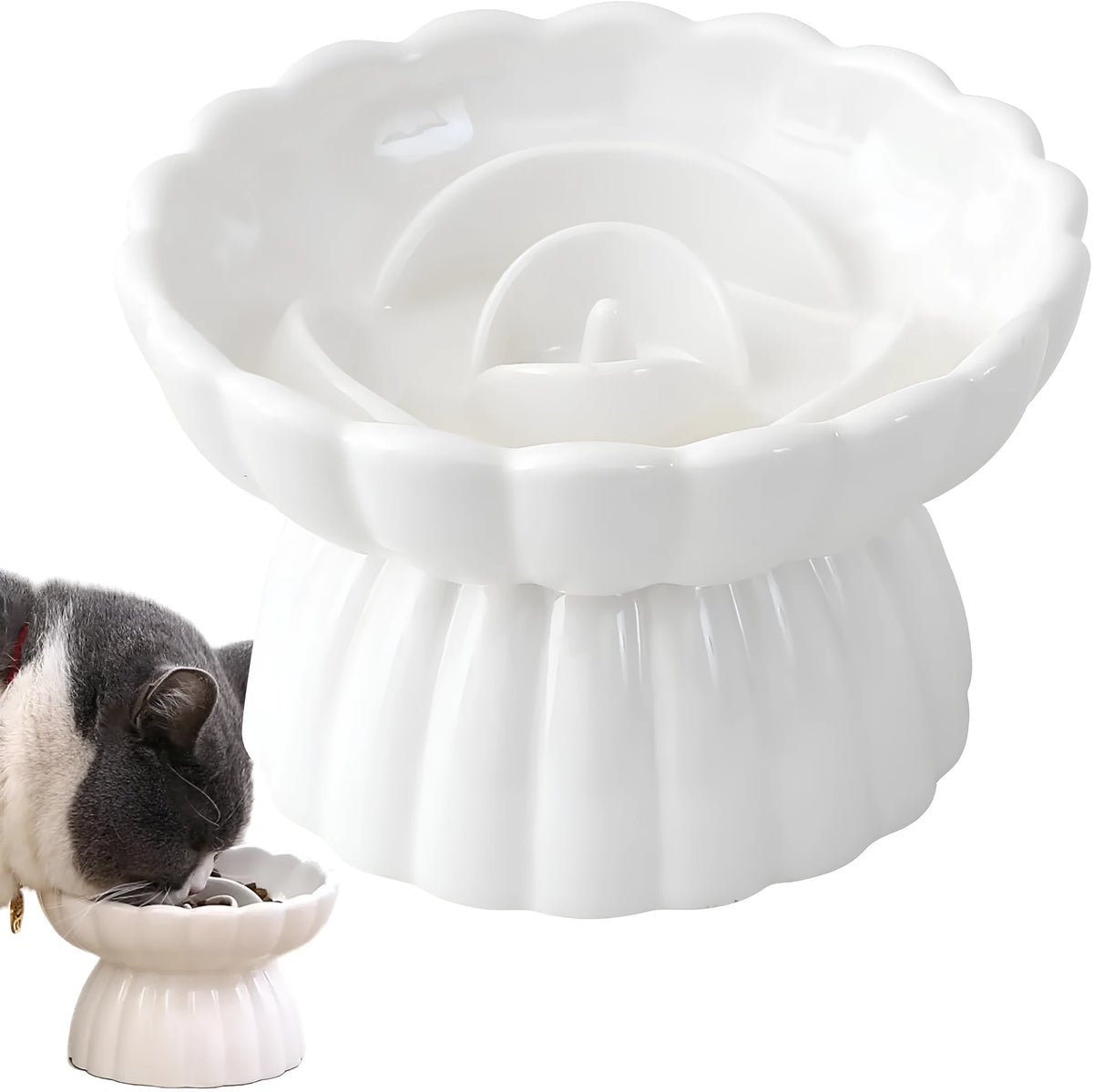 Ceramic slow feed dish with flower pool design and higher edges for cats and small dogs, shown in pink.