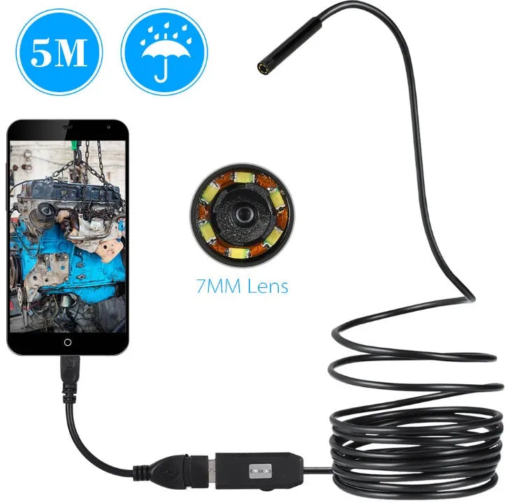 OWSOO USB endoscope camera with 5m cable, hook, magnet, and mirror attachments for phone and computer inspection.