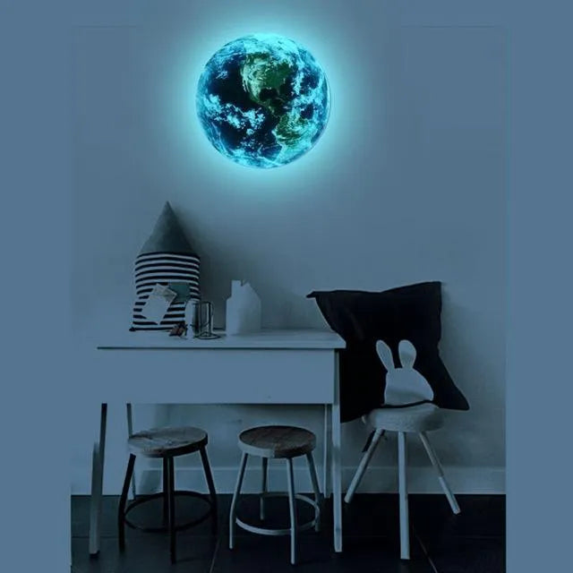 Glow in the dark 3D Earth planet wall sticker in various sizes on a dark background