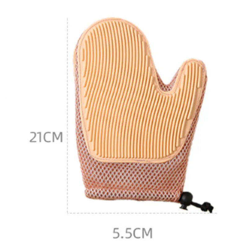 Dark blue mesh pet grooming glove for removing hair from dogs, cats, and household fabrics.