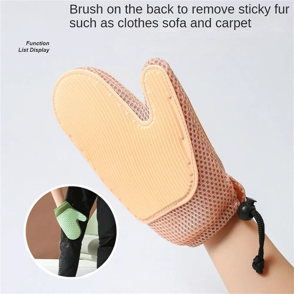 Dark blue mesh pet grooming glove for removing hair from dogs, cats, and household fabrics.
