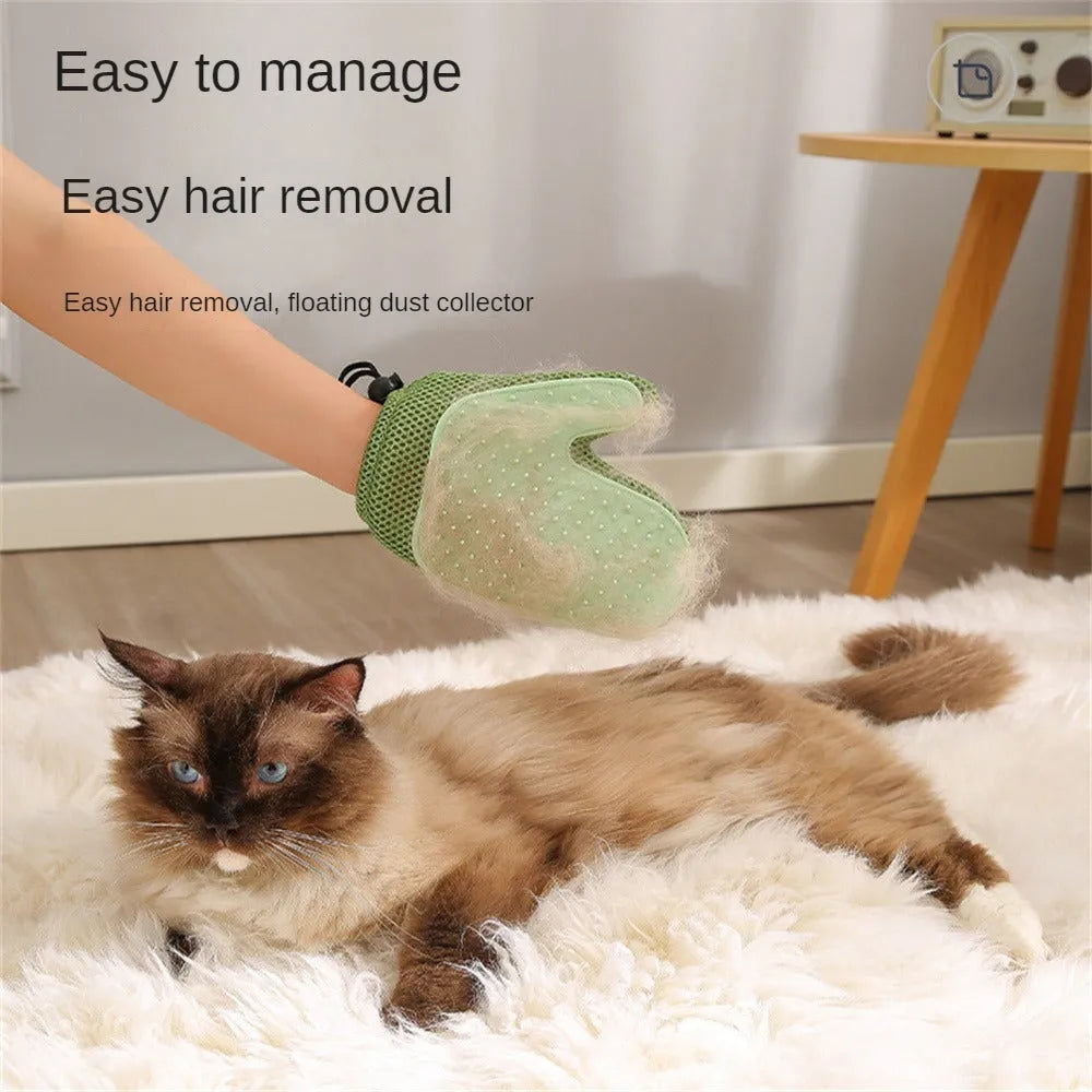 Dark blue mesh pet grooming glove for removing hair from dogs, cats, and household fabrics.