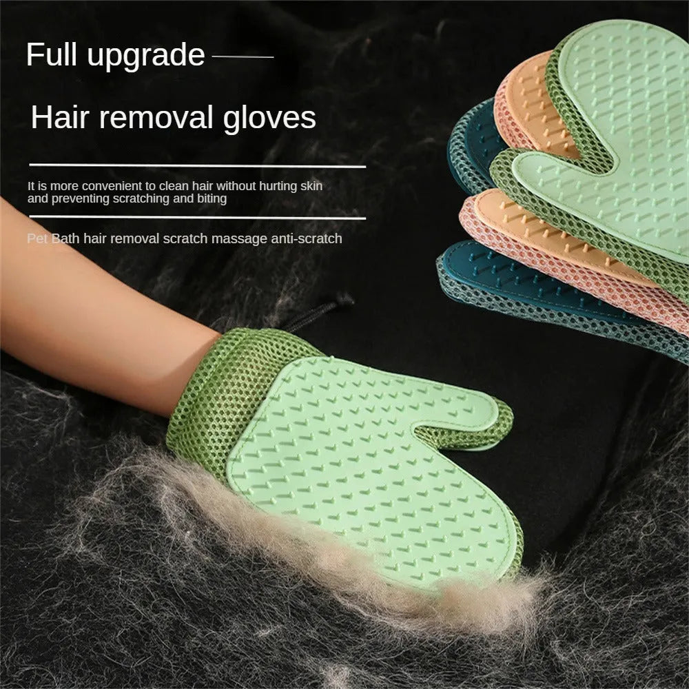 Dark blue mesh pet grooming glove for removing hair from dogs, cats, and household fabrics.