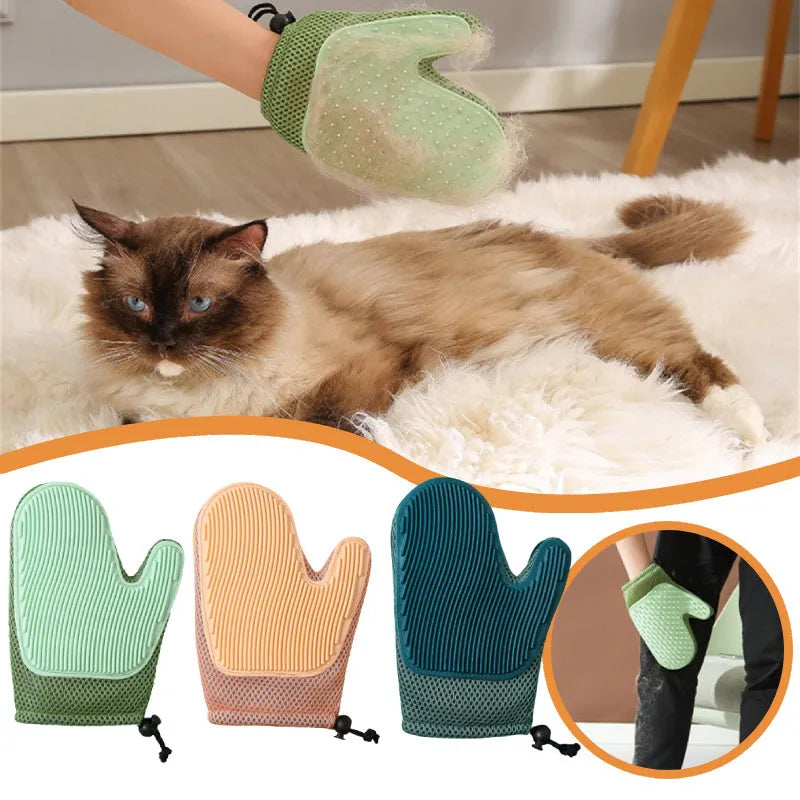 Dark blue mesh pet grooming glove for removing hair from dogs, cats, and household fabrics.
