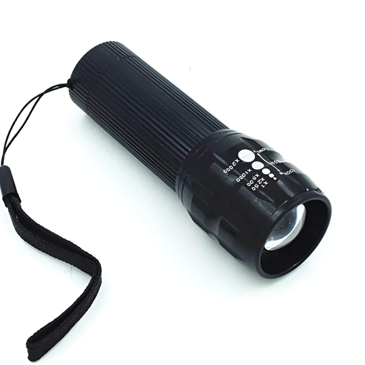 Black mini LED flashlight with telescopic head and tail push button switch on plain background