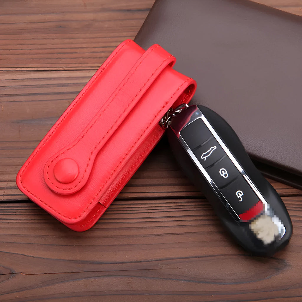 Genuine cowhide leather key case for Porsche with belt buckle closure, 10x4.3cm