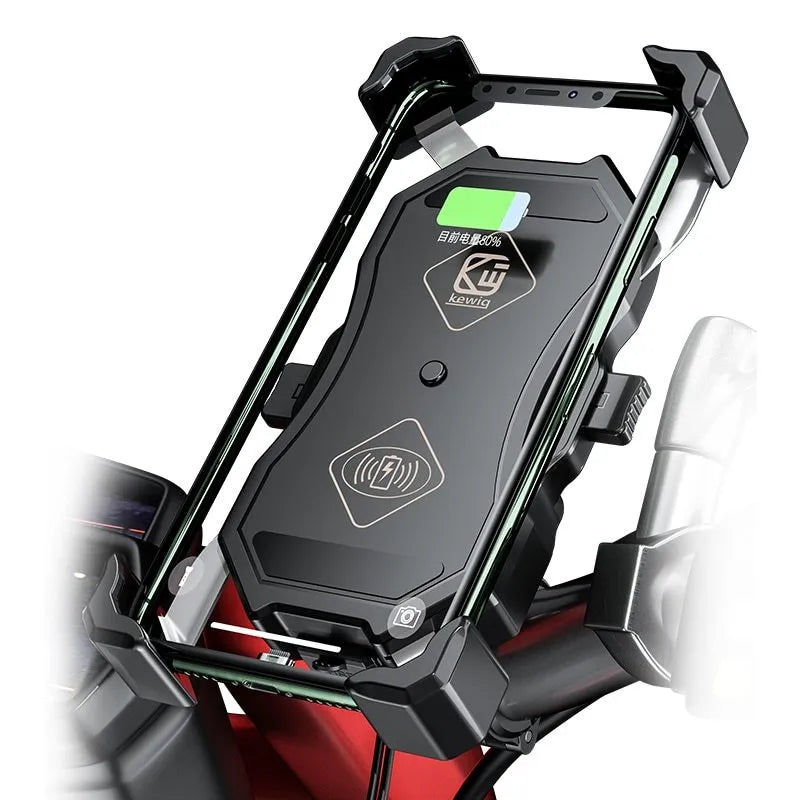 Black plastic motorcycle phone bracket with wireless charging stand mounted on handlebar, 135x70mm
