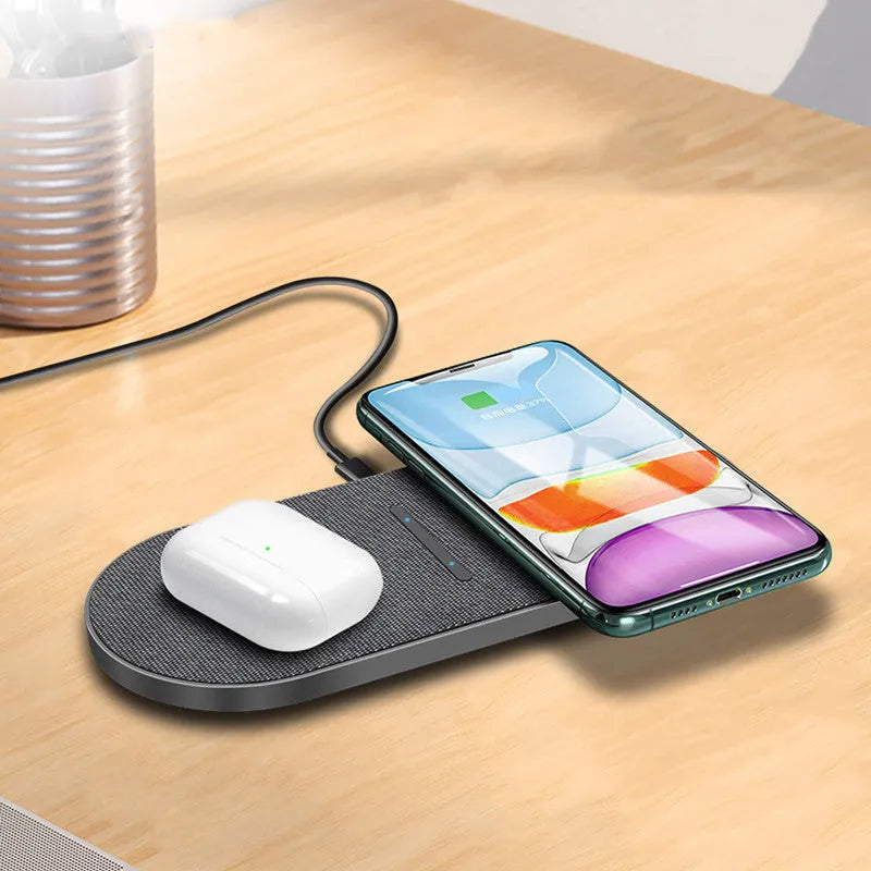Black dual wireless charging station with two 10W charging pads showing indicator lights