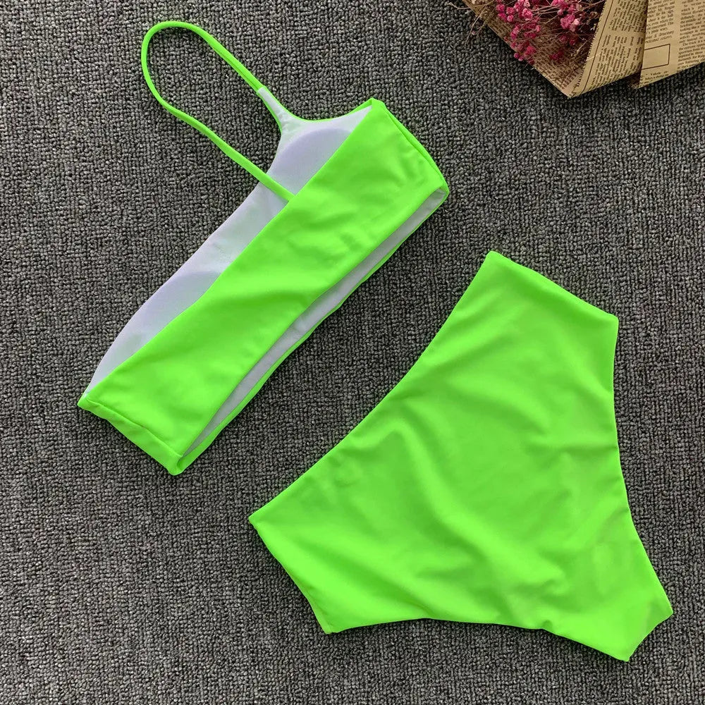 Summer bikini two piece spandex swimsuit in green and rose red for women