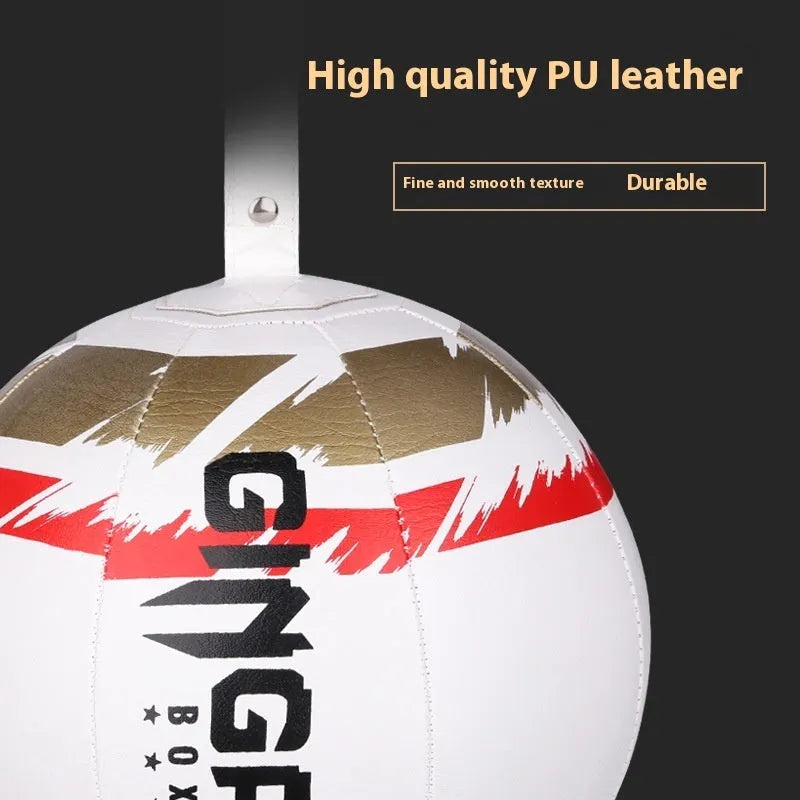 Black hanging boxing speed ball made of PU material for reaction training.