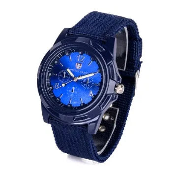 Cloth belt weaving military watch with quartz movement 40.5mm round dial and textile strap on display