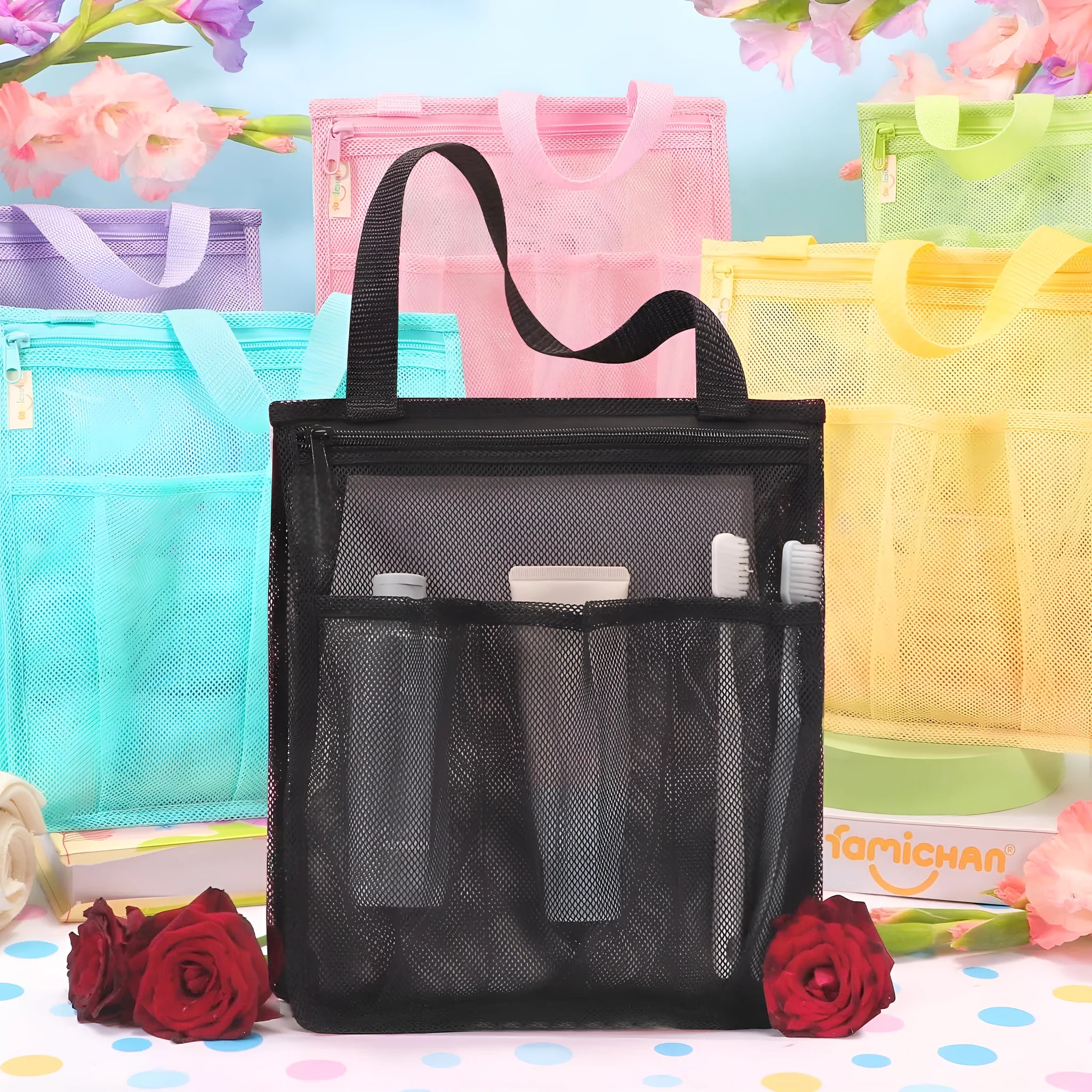 Black and pink swimming gym bag with dry wet separation compartments and mesh pocket