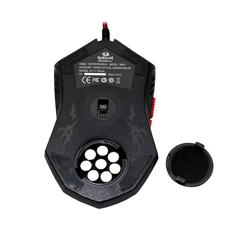Black and red USB wired optical gaming mouse with ergonomic shape on a desk