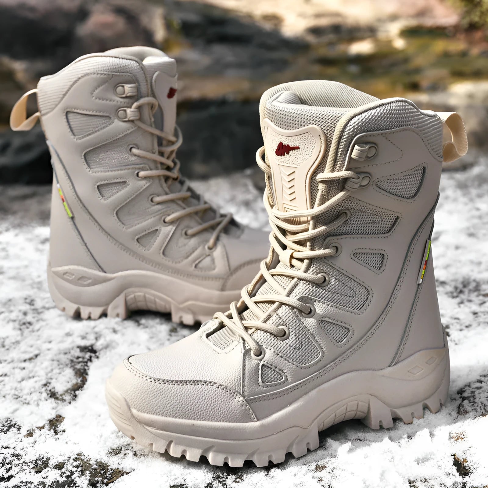Cowhide leather hi-top hiking shoes with platform soles in beige, black and brown colour options
