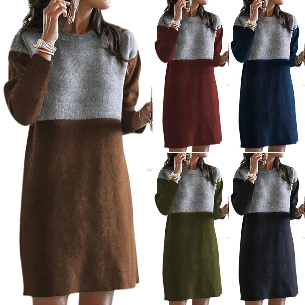 Brown women's art retro polar fleece patchwork dress with princess silhouette and long sleeves