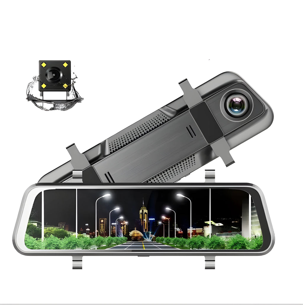 Dual cameras driving recorder with 10-inch 2.5D full glass screen, 170-degree wide-angle lens, and rearview mirror mount.