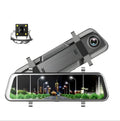 Dual cameras driving recorder with 10-inch 2.5D full glass screen, 170-degree wide-angle lens, and rearview mirror mount.