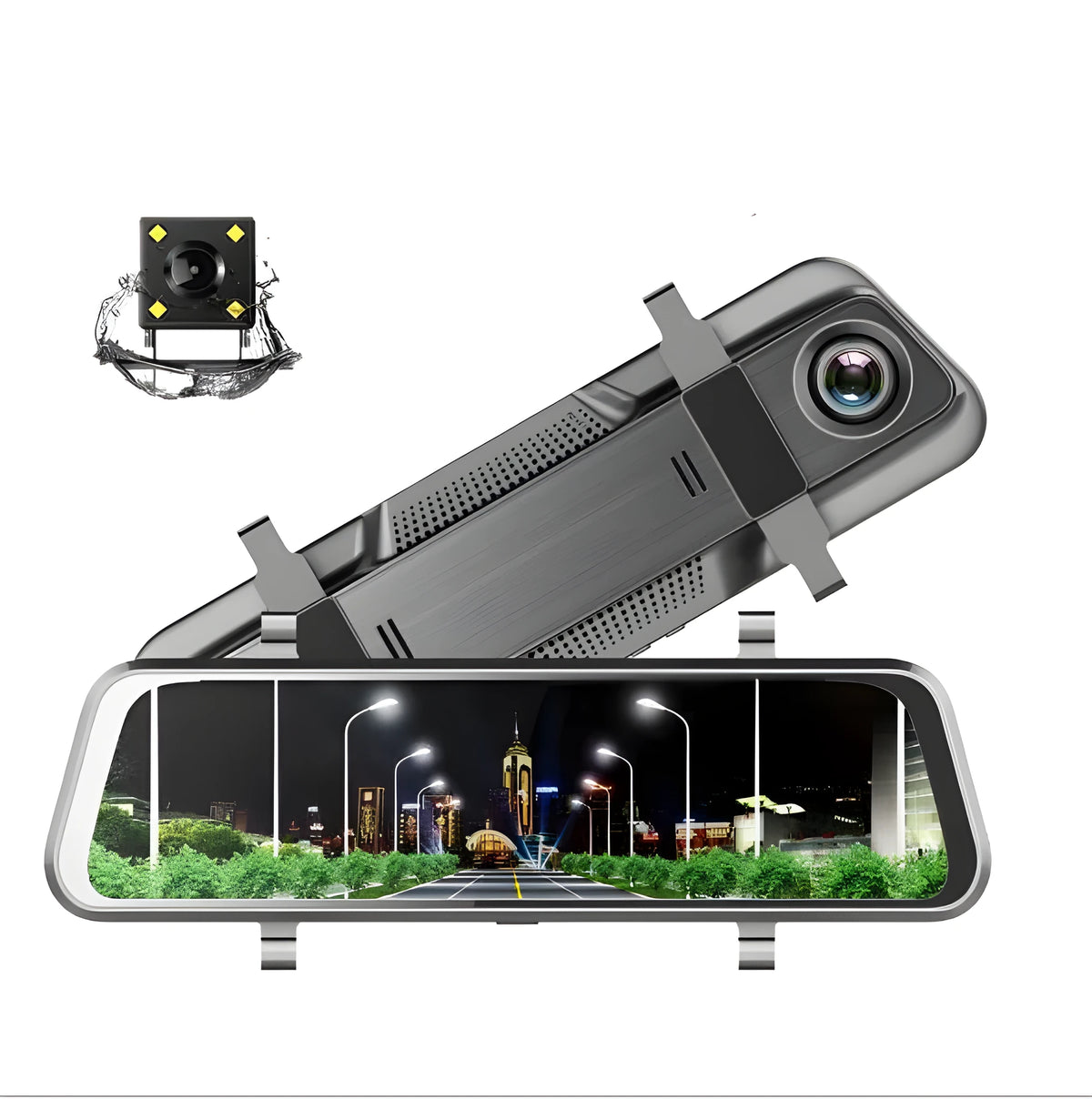 Dual cameras driving recorder with 10-inch 2.5D full glass screen, 170-degree wide-angle lens, and rearview mirror mount.
