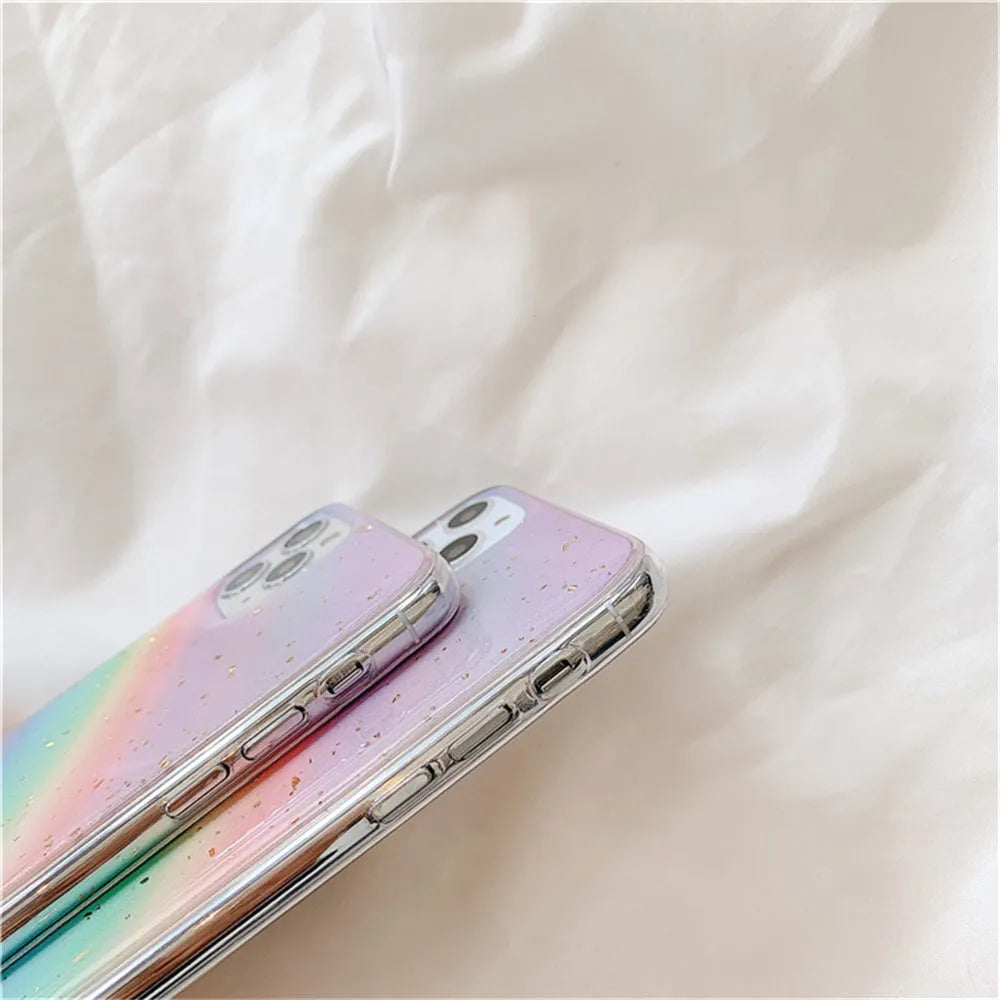 Rainbow gradient striped TPU protective case for iPhone on a white background.