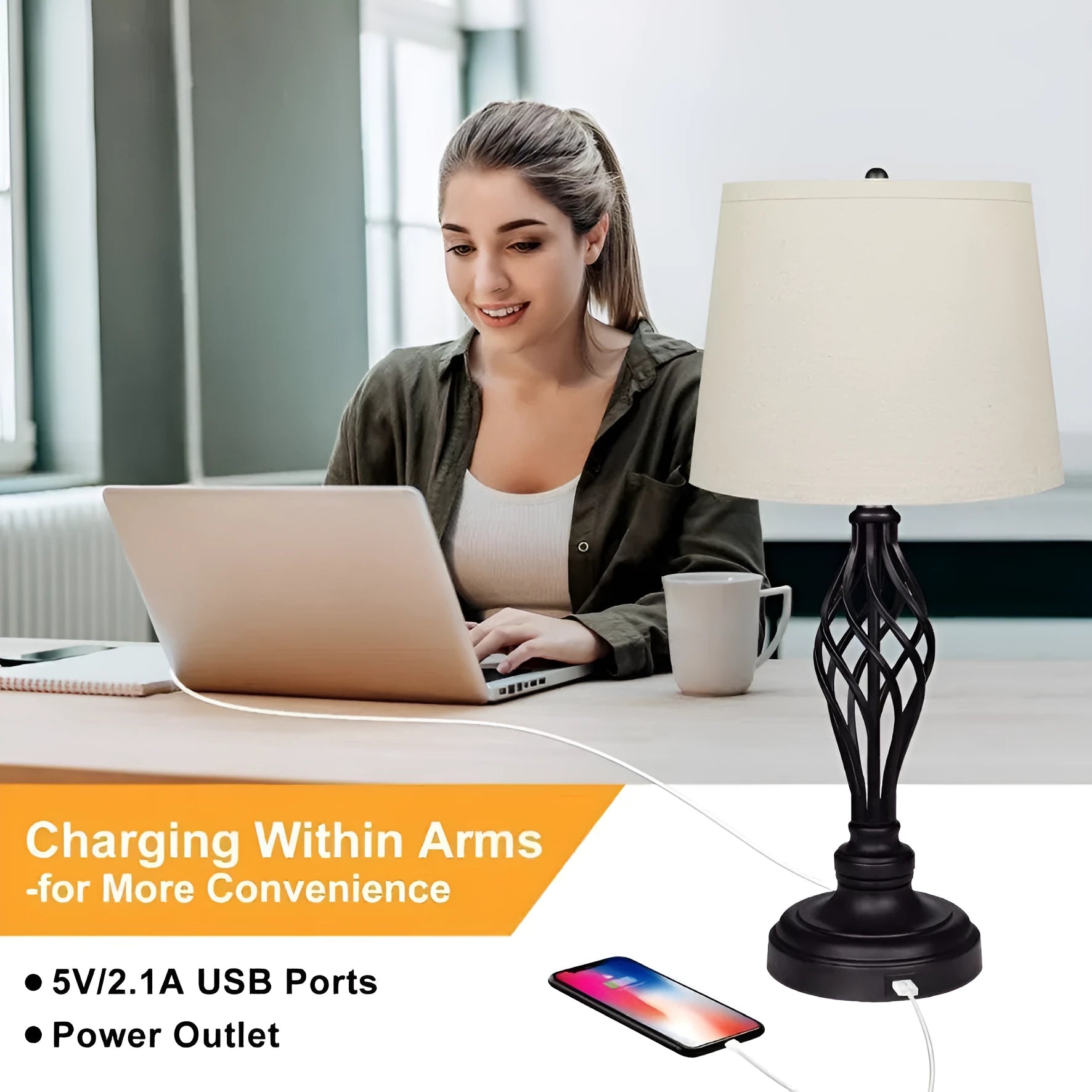 European style alloy bedside table lamp with touch dimming controls and USB charging socket