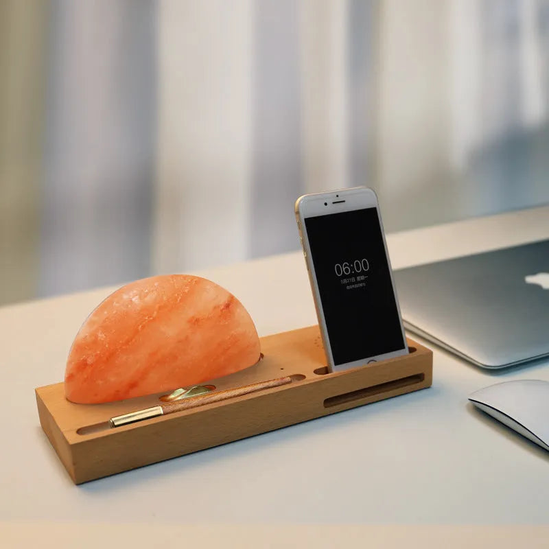 Sunrise Oriental wooden base salt lamp with integrated wireless phone charging pad and natural crystal salt shade.