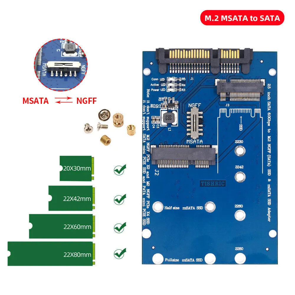 SATA3 to M.2 NGFF MSATA SSD conversion adapter card on a black or blue printed circuit board.