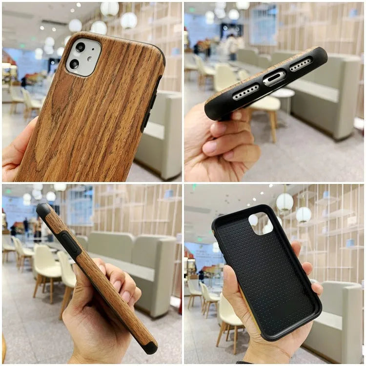 Slim wooden iPhone back cover in genuine bamboo or rosewood, showing natural grain, compatible with iPhone 11 Pro.
