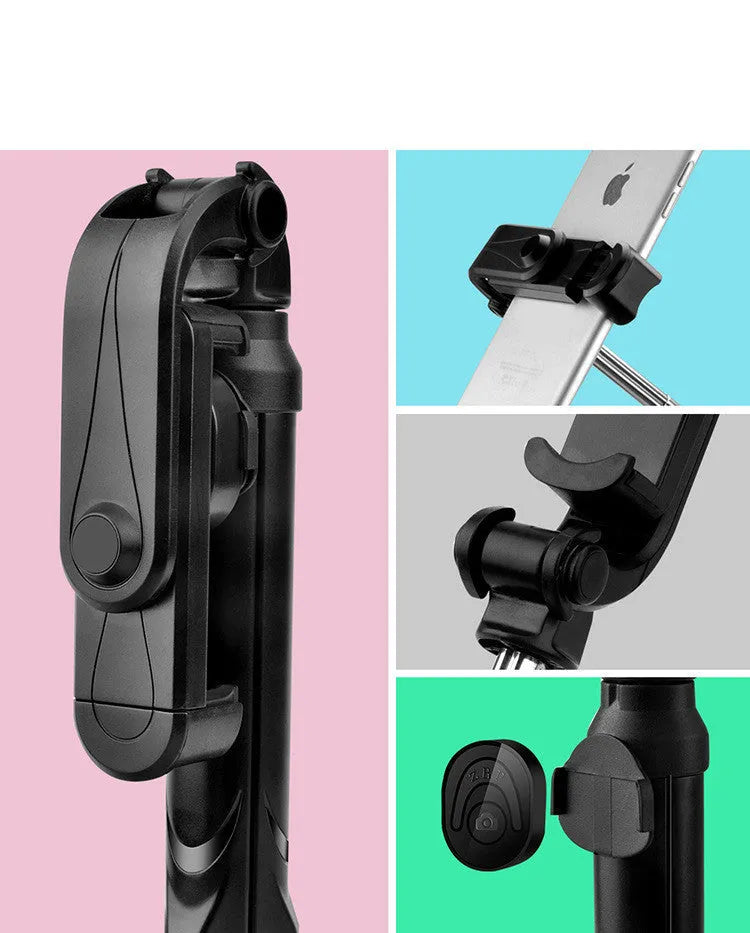 Bluetooth selfie stick tripod with aluminium pole extended, showing phone clip rotation and foldable legs