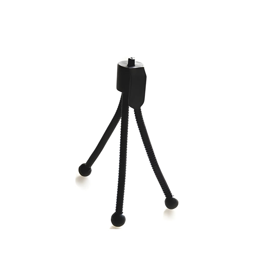 Small black iron mini tripod with telescopic legs and a universal ball head, shown holding an iPhone.
