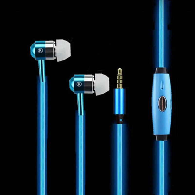 Blue light-up LED earphones with remote microphone and 3.5mm plug, compatible with iPhone.