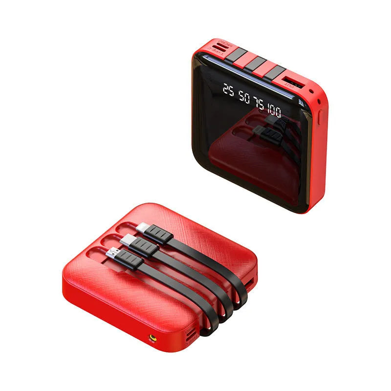 Black and red Mirror three-wire power bank with attached USB cable, showing compact size.
