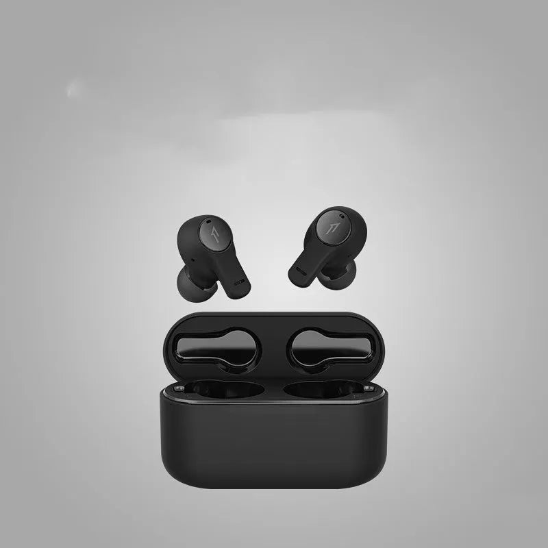 True wireless Bluetooth 5.0 in-ear earbuds in pearl white or black, sports waterproof, 10m transmission radius.