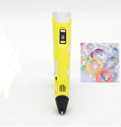 Yellow 3D printing pen with PLA filament spool on a white surface, showing nozzle and controls