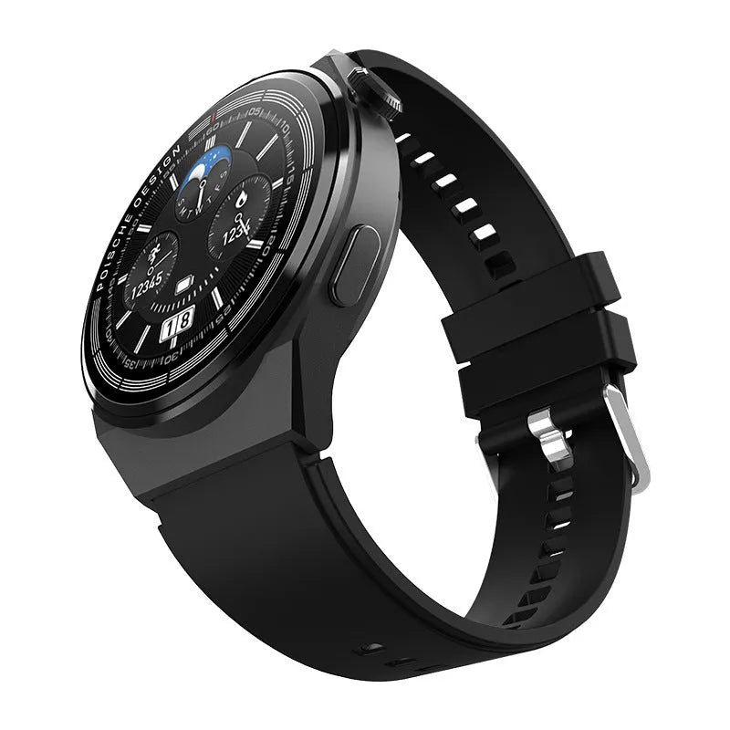 Black smartwatch with a circular 1.39 inch screen on a silicone strap, showing Bluetooth calling and health monitoring interface