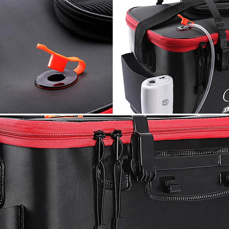 EVA portable fishing bag folded live fish box with thick nylon zipper, black and orange options, 30 cm to 50 cm.