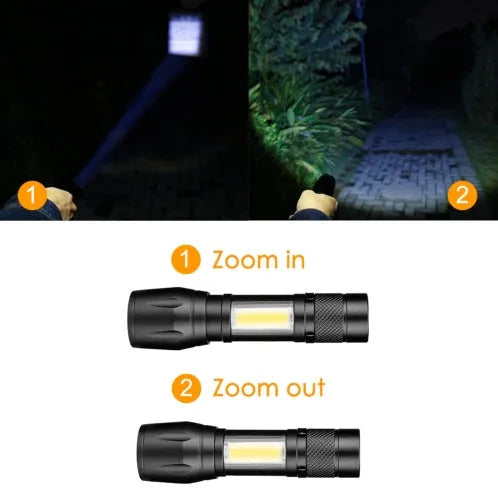 Black mini telescopic aluminum alloy LED flashlight with adjustable focus and clip.