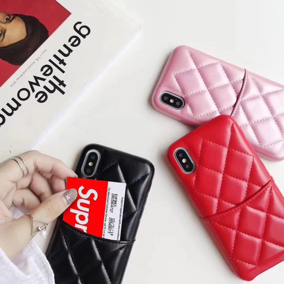Leather mobile phone case for iPhone, shown in black, pink, and red colour options.