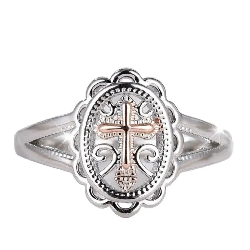 Silver women's ring with cross and lace pattern design in electroplated alloy