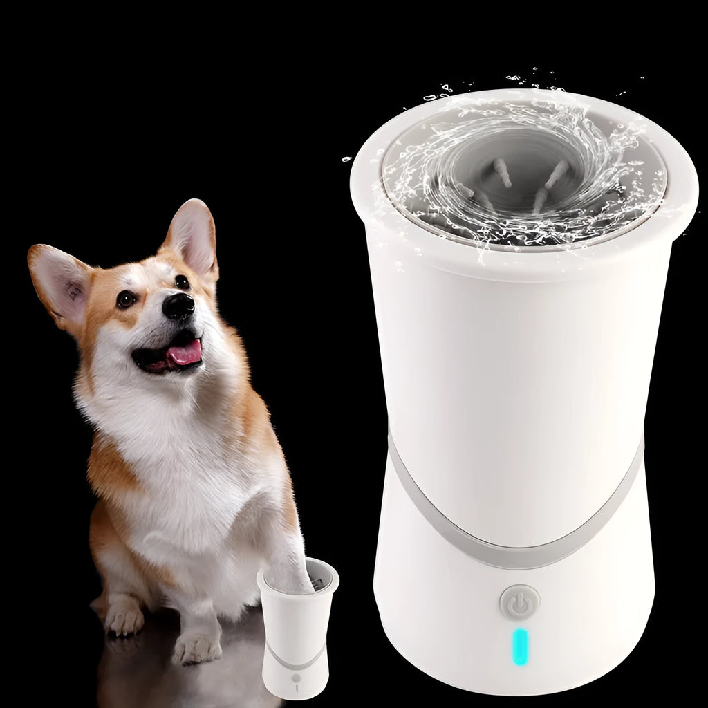 White pet electric foot washer with ABS plastic cylindrical body standing on paws
