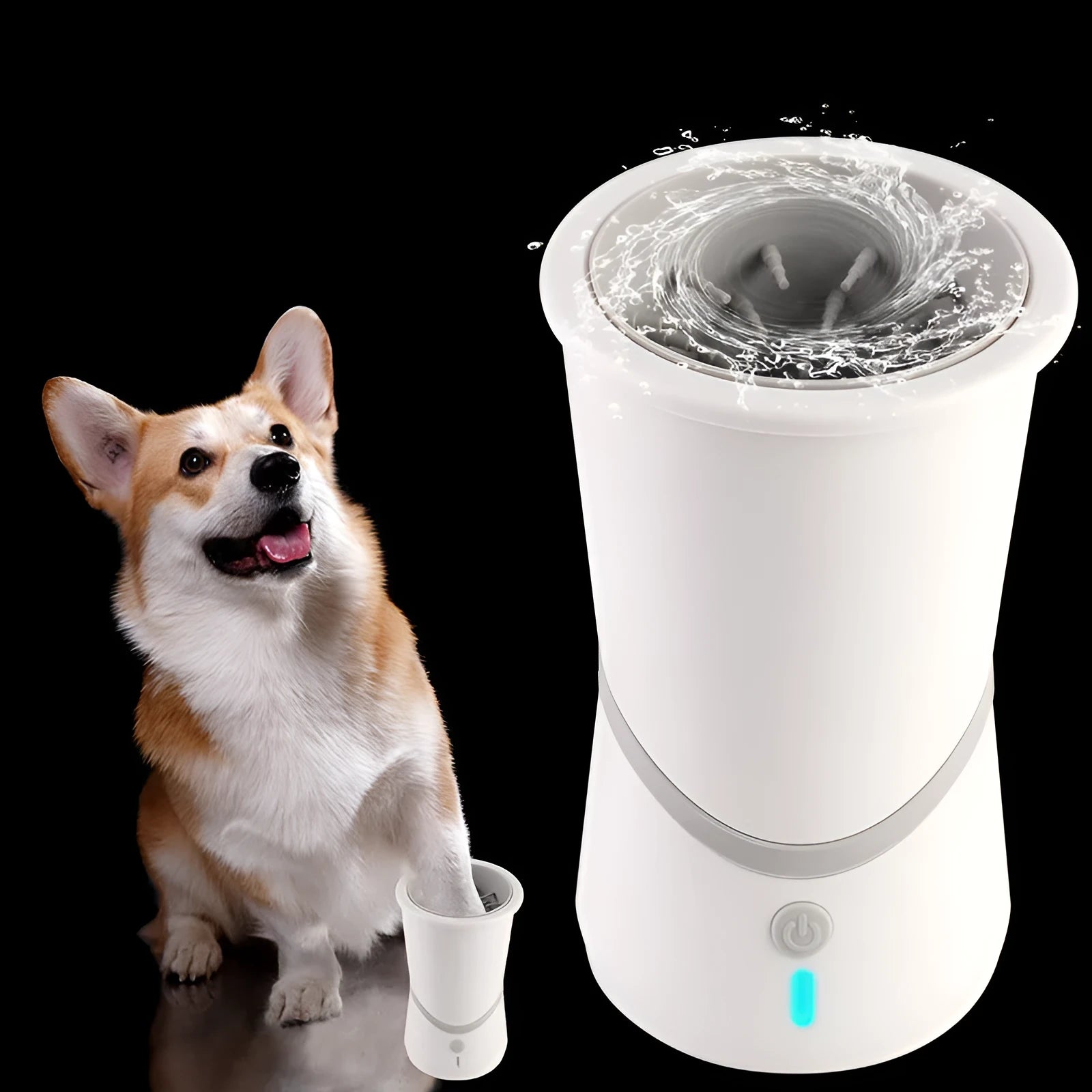 White pet electric foot washer with ABS plastic cylindrical body standing on paws